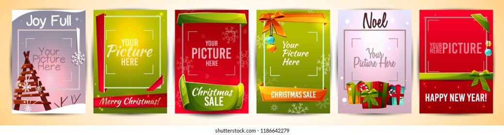 Christmas greeting cards templates vector illustration with picture photo frame. Winter Happy New Year holiday posters design of Xmas tree, snowflakes and decorations with ribbons and gifts store sale