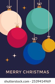 Christmas greeting cards with christmas tree decoration on dark background. Retro poster, postcard for winter holidays. Christmas ornament, vector illustration