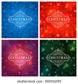 Christmas Greeting Cards Typography Design Set. Christmas lights and Snowflakes Backgrounds. Vector illustration EPS 10.