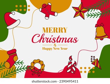 Christmas greeting cards with various elements such as pine needles, bells, hats, candles, socks, dolls, stars.