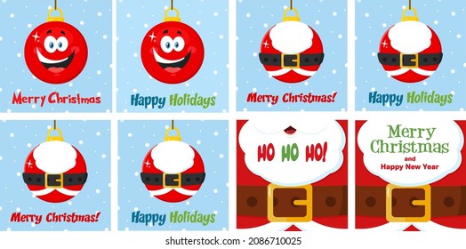 Christmas Greeting Cards. Vector Hand Drawn Collection Set With Background And Text