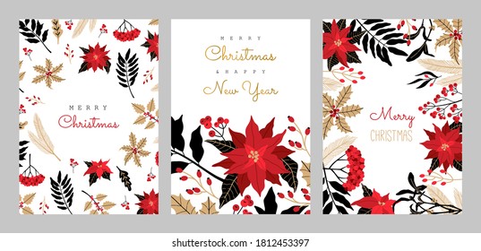 Christmas greeting cards, vertical frame with winter plants, poinsettia, rowan brunches. Invitation to a holiday party. Vector illustration in modern Scandinavian style, isolated on white background.