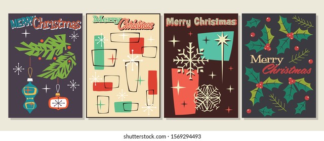 Christmas Greeting Cards, Vintage Style From The 1950s, Christmas Decorations, Snowflakes, Holly, Retro Colors And Shapes