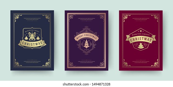 Christmas greeting cards vintage typographic design, ornate decorations symbols with tree, winter holidays wishes, floral ornament and flourish frames. Vector illustration.