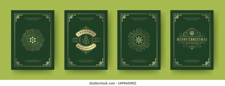 Christmas greeting cards vintage typographic design, ornate decorations symbols with winter holidays wishes, floral ornaments and flourish frames. Vector illustration.