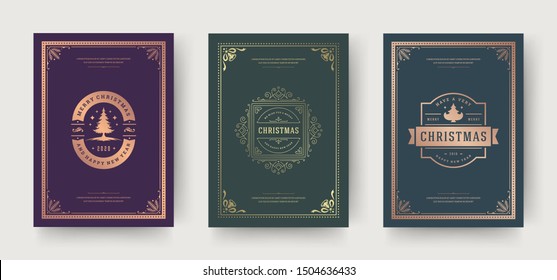 Christmas greeting cards vintage typographic design, ornate decorations symbols with fir tree, winter holidays wishes, floral ornaments and flourish frames. Vector illustration.