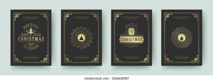 Christmas greeting cards vintage typographic design, ornate decorations symbols with winter holidays wishes, floral ornaments and flourish frames. Vector illustration.
