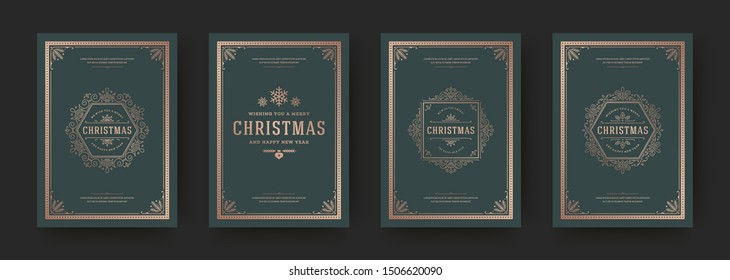 Christmas greeting cards vintage typographic design, ornate decorations symbols with winter holidays wishes, floral ornaments and flourish frames. Vector illustration.