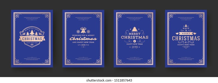 Christmas greeting cards vintage typographic design, ornate decorations symbols with winter holidays wishes, floral ornaments and flourish frames. Vector illustration.