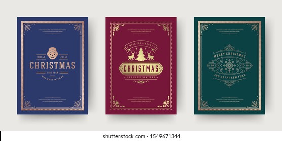 Christmas greeting cards vintage typographic design, ornate decorations symbols with fir tree, winter holidays wishes, floral ornaments and flourish frames. Vector illustration.