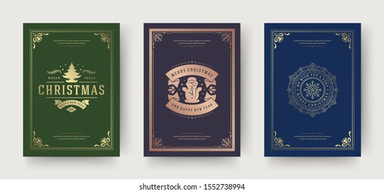 Christmas greeting cards vintage typographic design, ornate decorations symbols with snowman winter holidays wishes, floral ornaments and flourish frames. Vector illustration.