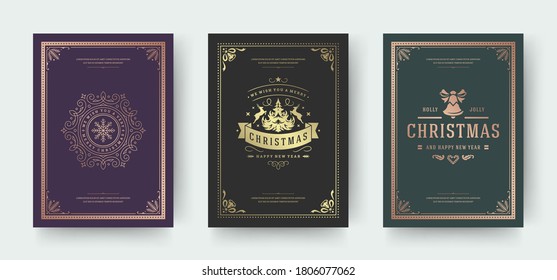 Christmas greeting cards vintage typographic design ornate decorations symbols with fir tree, winter holidays wishes. Floral ornaments and flourish frames. Vector illustration.