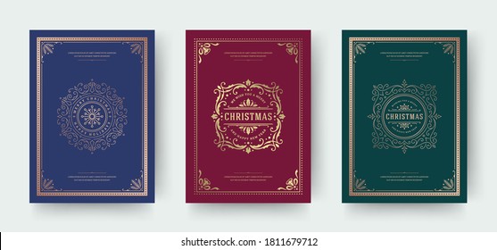 Christmas greeting cards vintage typographic design, ornate decorations symbols with holly berry, winter holidays wishes, floral ornaments and flourish frames. Vector illustration.