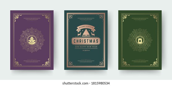 Christmas greeting cards vintage typographic design, ornate decorations symbols with fir tree, winter holidays wishes, floral ornaments and flourish frames. Vector illustration.