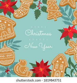 Christmas Greeting cards, with winter plants and gingerbread cookies. Invitation to a holiday party. Vector illustration in modern Scandinavian flat style, isolated on blue background.