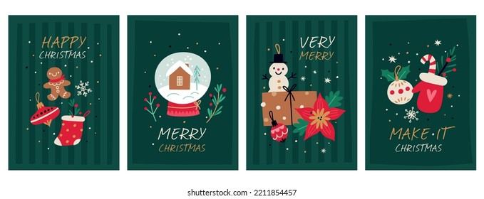 Christmas greeting cards. Xmas celebration posters. Cute holiday objects and symbols. New Year elements. Cartoon festive decoration. Snowglobe and poinsettia. Gifts sock