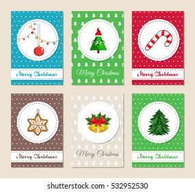 Christmas greeting cards and Xmas party invitations set. Colorful Merry Christmas and Happy New Year concepts with Christmas tree, toy, garland, cookie, bells with holly, candy vector illustrations