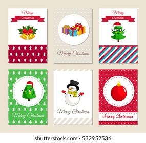 Christmas greeting cards and Xmas party invitations set. Colorful Merry Christmas and Happy New Year concepts with funny christmas trees, toy, bells with holly, presents, snowman vector illustrations