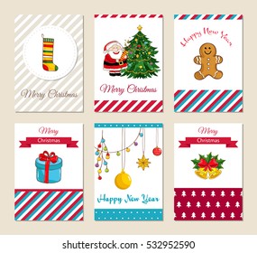 Christmas greeting cards and Xmas party invitations set. Colorful Merry Christmas and Happy New Year concepts with sock, gift, cookies, bells, garland, Santa, Christmas tree vector illustrations