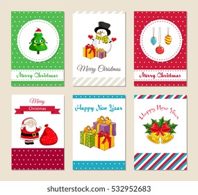 Christmas greeting cards and Xmas party invitations set. Merry Christmas and Happy New Year concepts with funny tree, snowman with gifts, Santa with sack, toys, bells vector illustrations