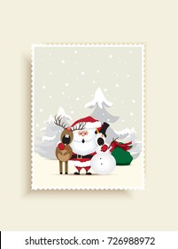 Christmas greeting card-Santa Claus, reindeer and snowman singing a Christmas carol on the north pole.Vector illustration.