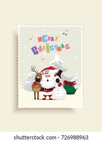 Christmas greeting card-Santa Claus, snowman and reindeer singing a Christmas carol on the north pole.Vector illustration.