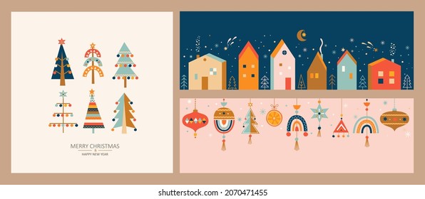 Christmas greeting cards.Horizontal banners with hand drawn isolated houses and christmas balls, christmas trees with toys in Scandinavian style. Xmas decor elements. Template for design,print.Vector