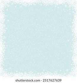 Christmas Greeting Card,White Snowflakes border frame on blue background.Vector Xmas winter design with falling snowy in cold weather,Magic nature fantasy snowfall texture decoration for web banner