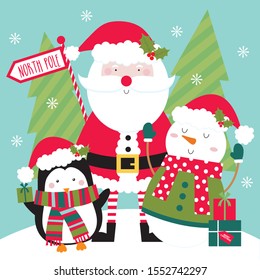 christmas greeting catd with santa, penguin amd snowman design