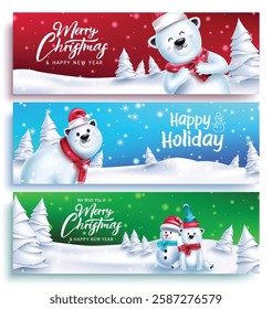 Christmas greeting character vector set. Merry Christmas text with polar bear 3d characters in outdoor snow background for xmas design collection. Vector illustration.
