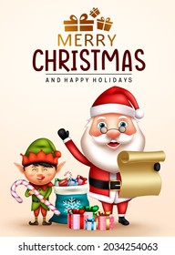 Christmas greeting characters vector design. Merry christmas text with santa claus and elf character holding letter for xmas gift giving poster card. Vector illustration.

