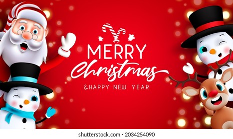 Christmas greeting characters vector design. Merry christmas text with santa claus, reindeer and snowman waving in red background for xmas holiday season. Vector illustration.
