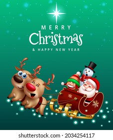 Christmas greeting characters vector design. Merry christmas text with santa claus, elf and snowman character riding sleigh in xmas eve for fun holiday season. Vector illustration.
