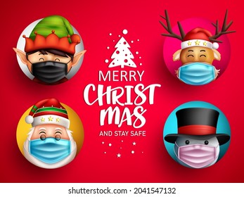 Christmas greeting characters vector design. Merry christmas and stay safe text with happy character wearing face mask for xmas celebration card. Vector illustration.
