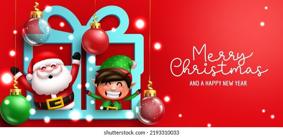 Christmas greeting characters vector design. Merry christmas text with santa claus and elf character in gift craft element for xmas holiday celebration . Vector illustration.
