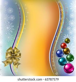 christmas greeting colored balls with gold bow and ribbons