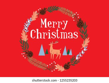 Christmas greeting composed of vector elements of nature such as branches, leafs and other plant elements, in a circular shape, with the text "Merry Christmas" and a small illustration of a deer.