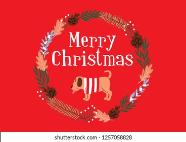 Christmas greeting composed of vector elements of nature such as branches, leafs and other plant elements, in a circular shape, with the text "Merry Christmas" and a small illustration of a doggy.