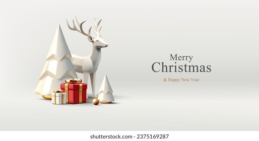 Christmas greeting composition with realistic 3d white gold trending statuettes for Christmas tree, deer, gift boxes