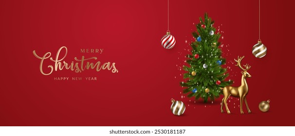 Christmas greeting composition with realistic 3d Christmas tree, deer, balls. Vector illustration