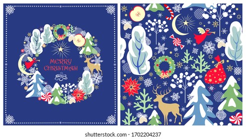 Christmas greeting craft blue card with Xmas wreath and wallpaper with reindeer, baubles, candy, crescent, star, snowy trees, angel, poinsettia, present, paper cutting snowflakes