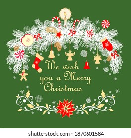 Christmas greeting craft card with paper cutting conifer branches garland with hanging gold angels, jingle bell, sock, gingerbread and poinsettia, apple, candle