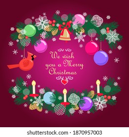 Christmas greeting craft card with paper cutting conifer green branches wreath with hanging colorful balls, gold jingle bell, northern cardinal red bird, cone, snowflakes and candles