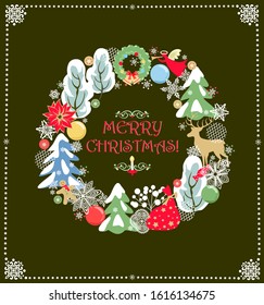 Christmas greeting craft card with Xmas wreath with baubles, gingerbread, snowy trees and conifer, angel, reindeer, poinsettia, present and paper cutting snowflakes

