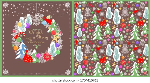 Christmas greeting craft card with Xmas wreath and wallpaper with colorful balls, baubles, gingerbread, snowy trees, conifer, angel, poinsettia, present, paper cutting snowflakes and jingle bells