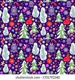 Christmas greeting craft violet seamless wallpaper with colorful balls, baubles, gingerbread, snowy trees, conifer, angel, poinsettia, present, paper cutting snowflakes and jingle bells