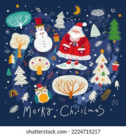 Christmas greeting cute card with Santa Claus and snowman