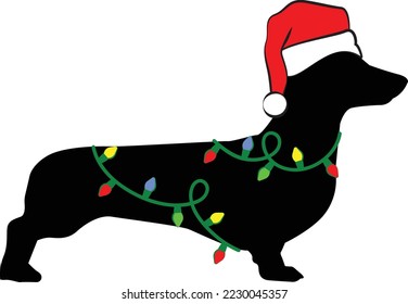 Saludo navideño con un lindo y gracioso perro de Dachshund que lleva sombrero de santa y lámparas de navidad verdes. Ilustración vectorial de silueta.