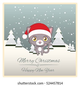 Christmas greeting with cute gray cat wearing a Santa hat