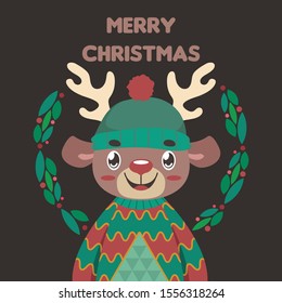 Christmas greeting with a cute reindeer in an ugly Christmas sweater